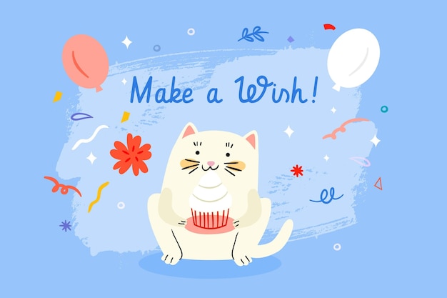 Vector drawn birthday background with cute cat