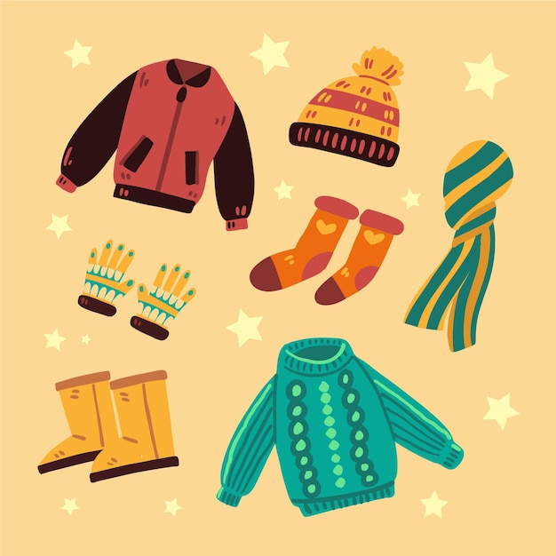 Vector drawn winter clothes pack