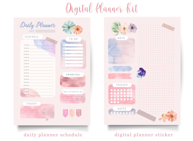 Vector dreamy pink digital planner kit with daily planner and stickers