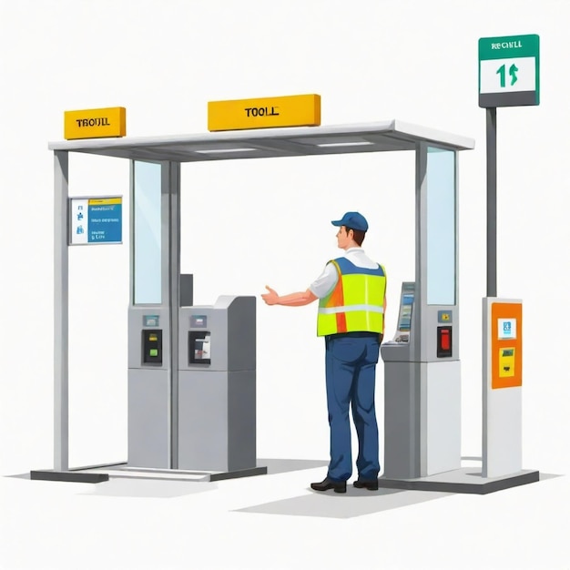 Vector driver approaching a toll booth cartoon vector set white background isolated