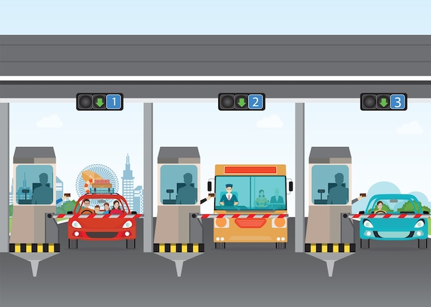 Driver cars passing through to pay road toll at highway toll booth