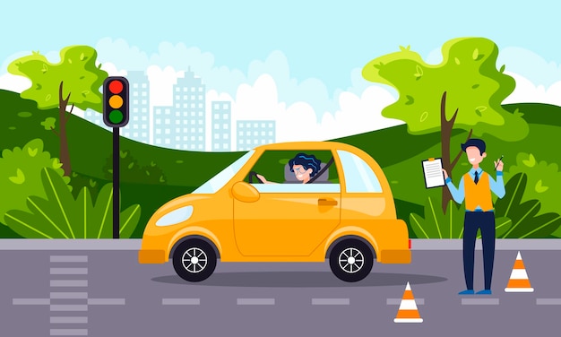 Vector a driving instructor teach a happy young woman to drive a car. driving school concept, driver's license, traffic rules and test. vector flat illustration. natural landscape on the background.