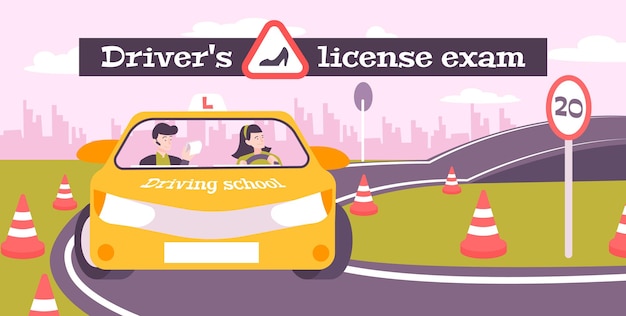 Vector driving school exams flat composition with text and outdoor test track scenery with driver and instructor illustration