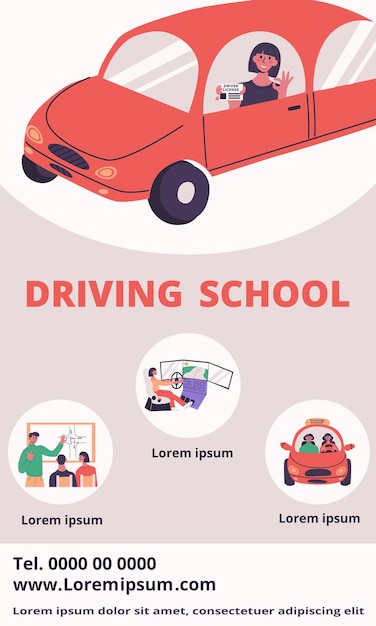 Vector driving school flyer concept young woman in little red car showing her driver license flat vector