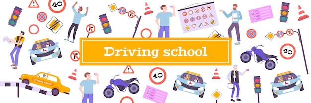 Vector driving school pattern with theory and training symbols flat