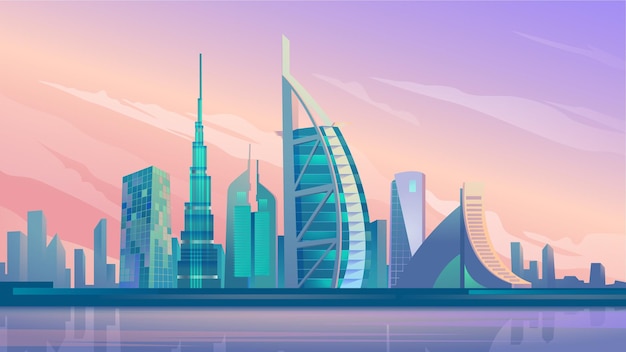 Dubai city skyscrapers flat cartoon style illustration of web background