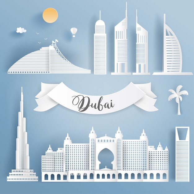 Dubai famous landmarks in paper cut style