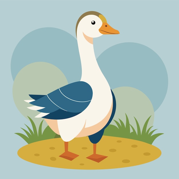 a duck is standing in the grass and has a blue background