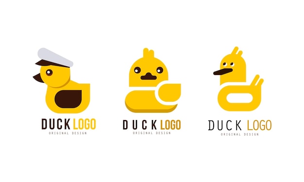 Vector duck logo original templates design set badge label with cute yellow rubber bath duck vector illustration