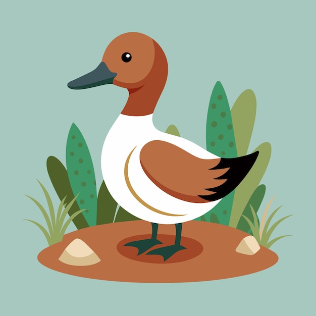 a duck with a brown beak standing in a garden