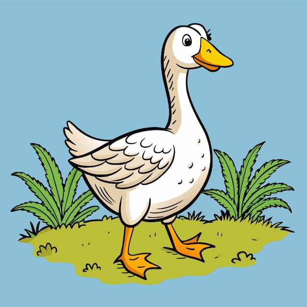 a duck with a yellow beak stands in the grass