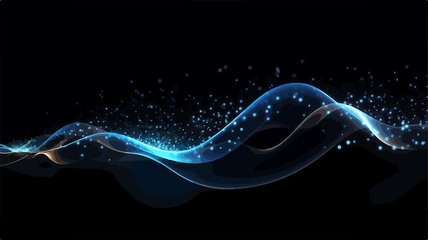 Vector dynamic wave of flowing particles on black background with blurred light