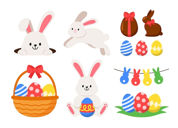 Easter Day Bunny Rabbit Eggs design elements vector illustration isolated on white background