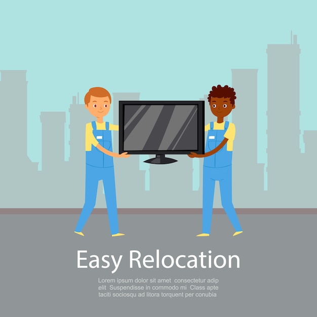 Easy relocation, poster lettering, company backround information, moving service,     illustration. Men carry TV, parcel delivery, ordering goods at home, two guys bring cargo.