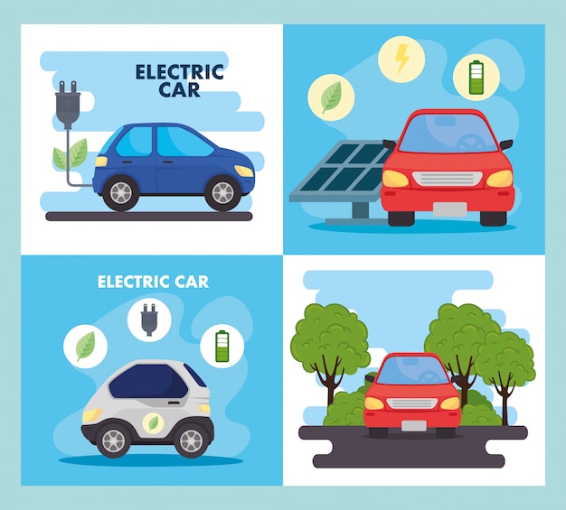 Eco and electric cars with plug and solar panel vector design