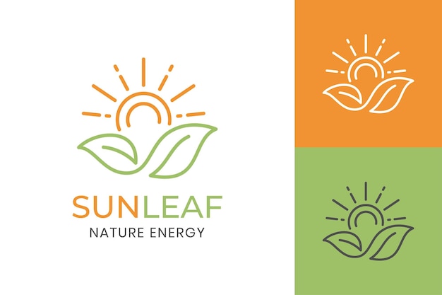 Eco leaf sun logo icon symbol for organic green Farm natural fresh products line art style