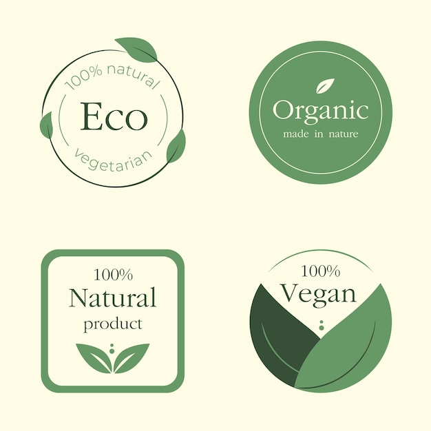 Vector eco vegan vegetarian organic and 100 natural products sticker label badge and logo green ecol