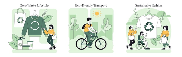 Vector ecofriendly lifestyle set illustration of zero waste living green transportation and sustainable