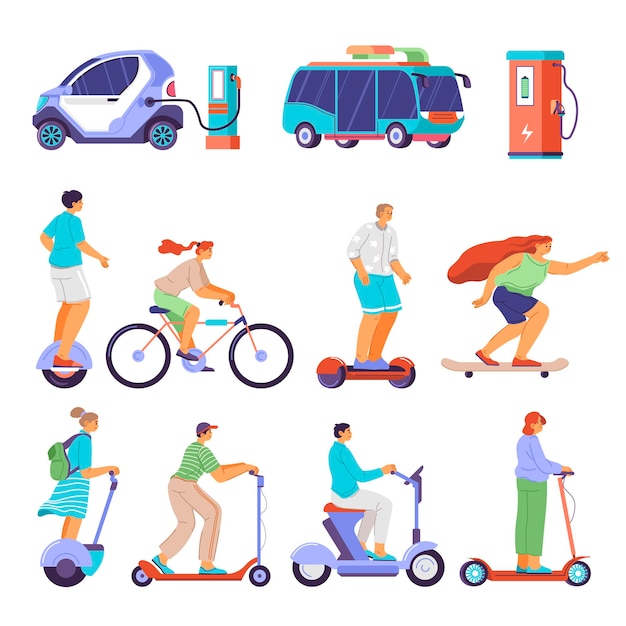 Vector ecologically friendly transport for people to commute to home or work isolated scooters and electric cars and vehicles skateboards and bicycle saving planet and environment vector in flat style