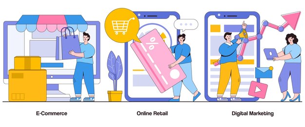 Ecommerce online retail digital marketing internet concept with character Business expansion abstract vector illustration set Customer engagement sales funnel market penetration metaphor