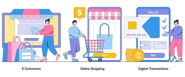 ECommerce Online Shopping Digital Transactions Concept with Character Cybersecurity Abstract Vector Illustration Set Data Encryption Online Privacy Secure Transactions Metaphor