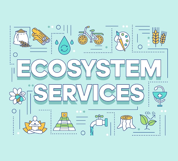 Ecosystem services word concepts banner. Provisioning, regulating. Cultural and health service. Presentation, website. Isolated lettering typography idea with linear icons. Vector outline illustration