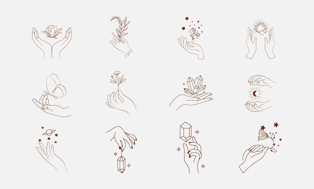 Vector ector hand icon outline style of different gestures in a trendy minimal linear style vector art