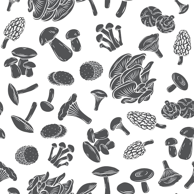 Edible mushrooms seamless pattern   monochrome glyph  in engraved style