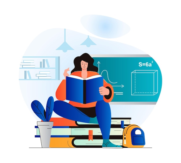 Vector education concept in modern flat design woman is reading book pupil studies from textbook