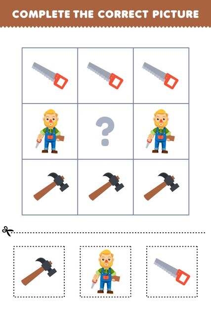 Education game for children to choose and complete the correct picture of a cute cartoon carpenter hammer or saw printable profession worksheet