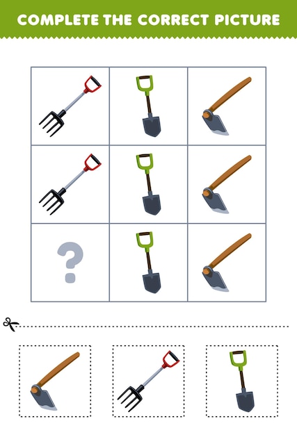 Vector education game for children to choose and complete the correct picture of a cute cartoon hoe fork or shovel printable tool worksheet
