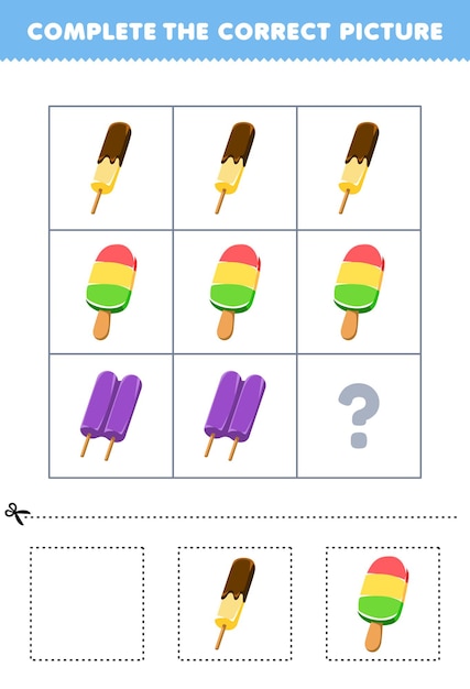 Education game for children to choose and complete the correct picture of a cute cartoon popsicle ice printable food worksheet