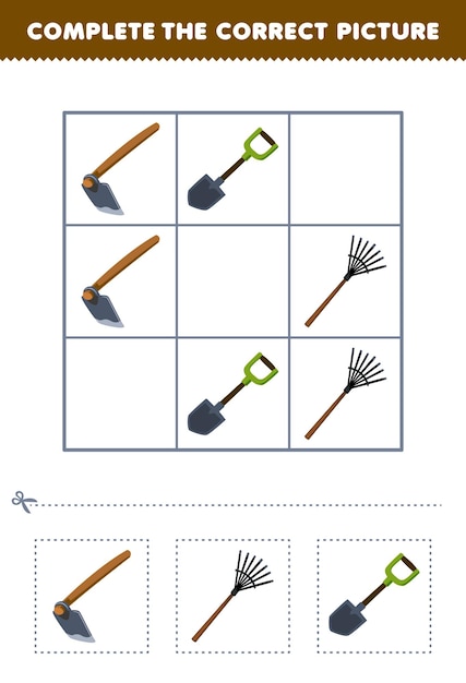 Vector education game for children complete the correct picture of a cute cartoon hoe rake and shovel printable tool worksheet