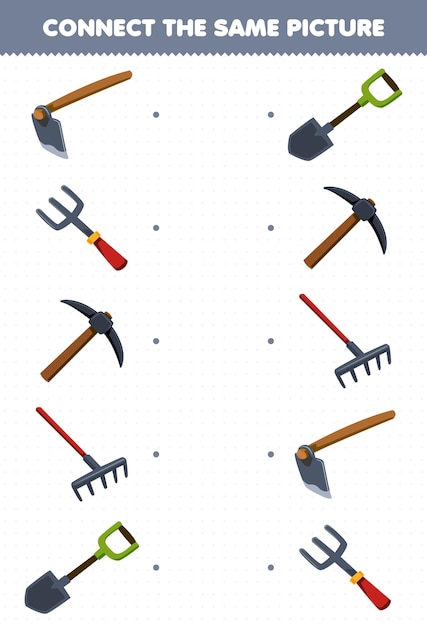 Vector education game for children connect the same picture of cartoon hoe fork pickaxe rake shovel picture printable tool worksheet