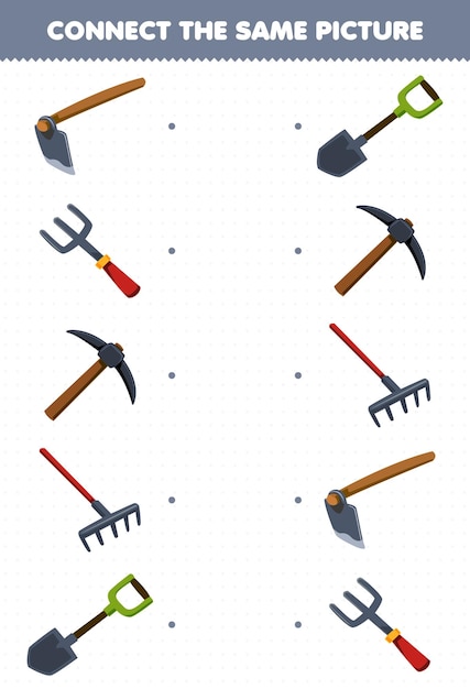 Education game for children connect the same picture of cartoon hoe fork pickaxe rake shovel picture printable tool worksheet