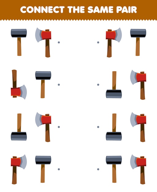 Education game for children connect the same picture of cute cartoon hammer and axe pair printable tool worksheet