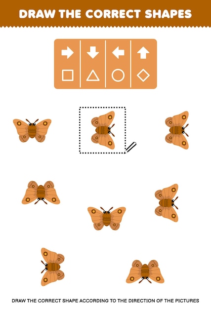 Education game for children draw the correct shape according to the direction of cute cartoon moth pictures printable bug worksheet