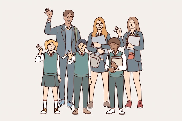 Education, learning and knowledge concept. Group of young smiling students pupils standing waving hands holding books and tablets showing excitement vector illustration