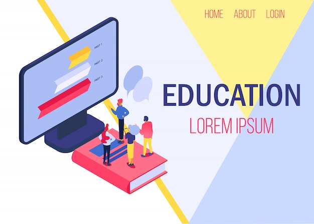 Education online  illustration banner. Studying people, knowledges from computer. Learning with books and online.