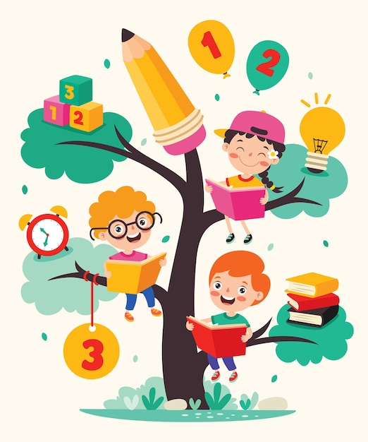 Vector education tree with cartoon kids