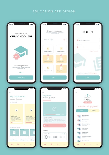 Vector education ui design template vector for students and teachers. user interface design for mobile app