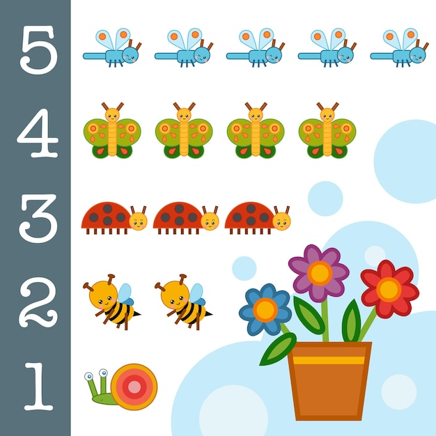 Educational poster for children about numbers Learning counts for preschoolers Insects and flowers