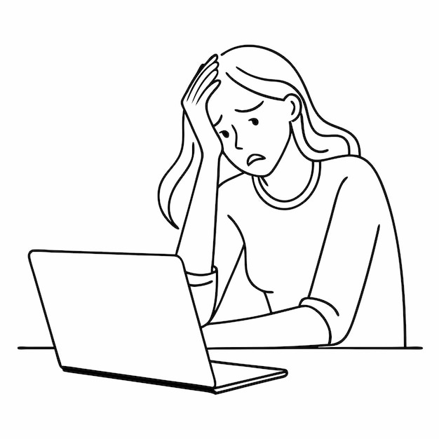 een gestresseerde en gefrustreerde vrouw die een laptop computer gebruikt de lijn kunst vector illustratie