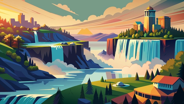 een kleurrijke illustratie van een landschap met een waterval en de stad op de achtergrond