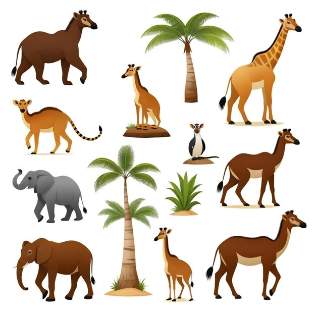 Vector een verzameling dieren, waaronder giraffen, giraffen, palmbomen en palmbomen