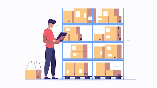 Vector efficient warehouse manager organizing delivery of goods in box