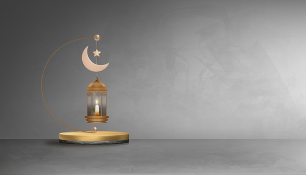 Eid Mubarak greeting card background with Crescent MoonStar islamic lantern on cement wall texture