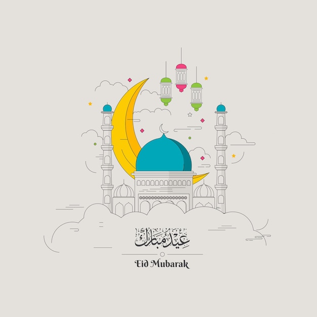 Eid Mubarak greetings in line art style