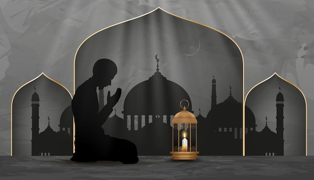 Eid Mubarak silhouette Muslim man Islamic mosque with Lantern light crescent moon