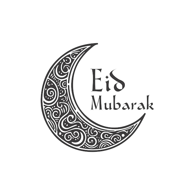 Eid mubarak text with beautiful moon black outline vector illustration of beautiful crescent